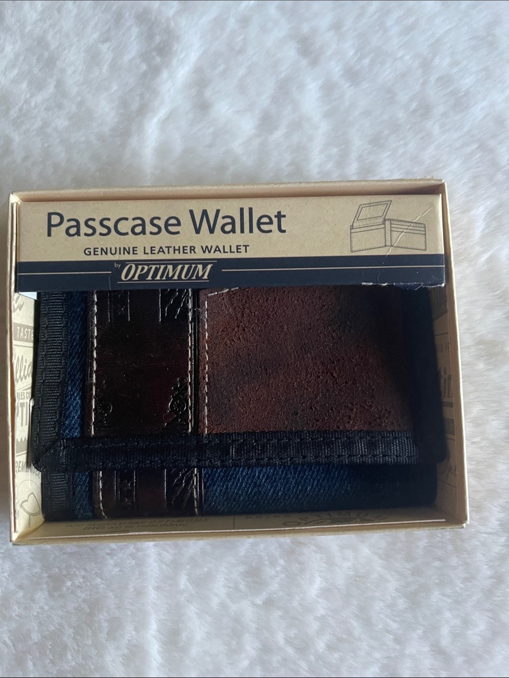 Men’s Brown and Blue Passcase Leather Wallet Tri-Fold size